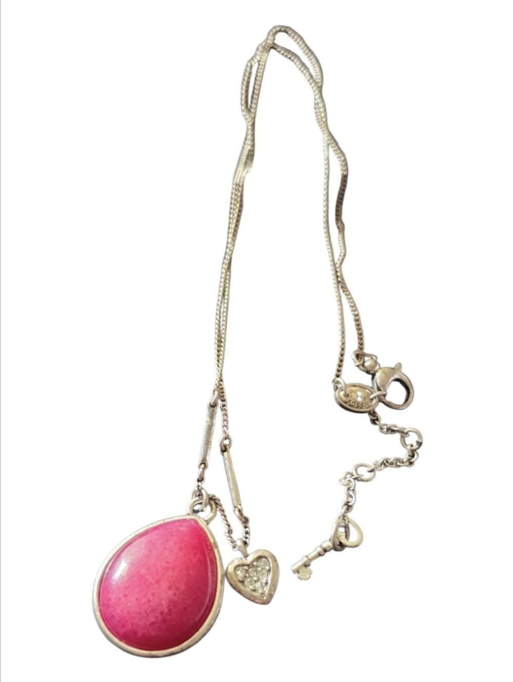 Fossil Womens Silver Tone Deep Pink Teardrop Heart Pendant Necklace Key 18"+2"L.
